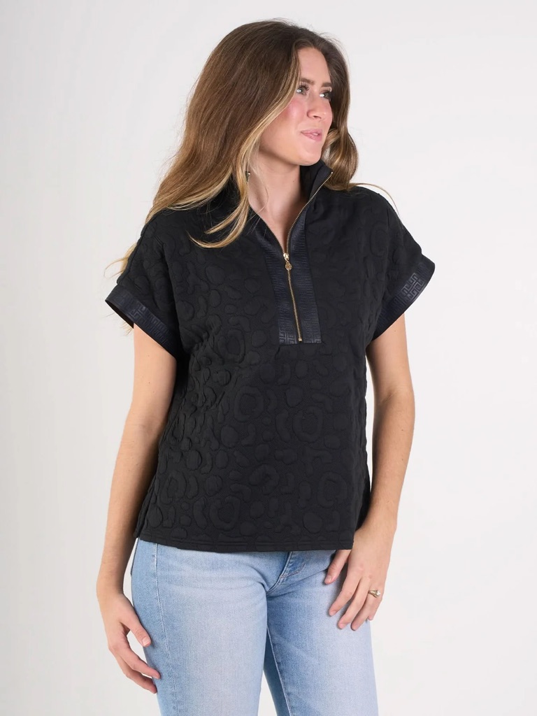 Women's Black Short-Sleeve Zip-Neck Sweatshirt